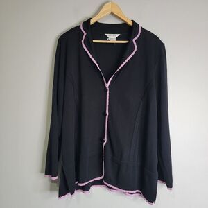 Exclusively Misook 2X Black Purple Trim Three Button Long Sleeve Cardigan Jacket